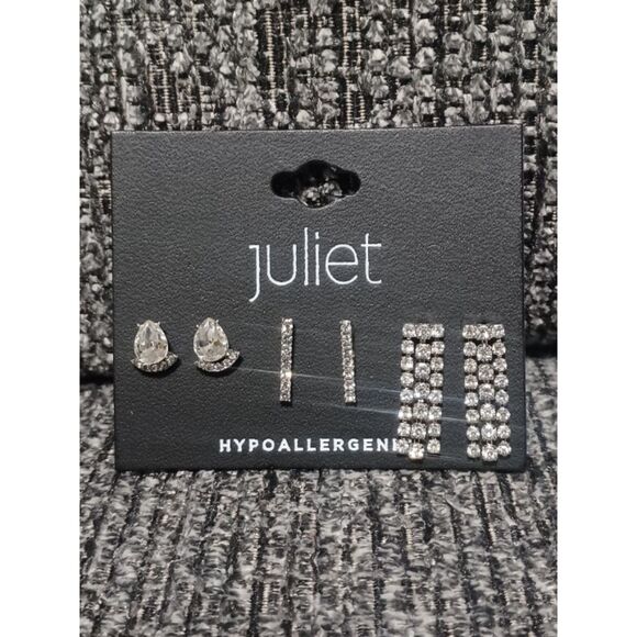 Juilet Jewelry - JUILET Set of 3 Hypoallergenic, Silver-Toned Rhinestone Earrings